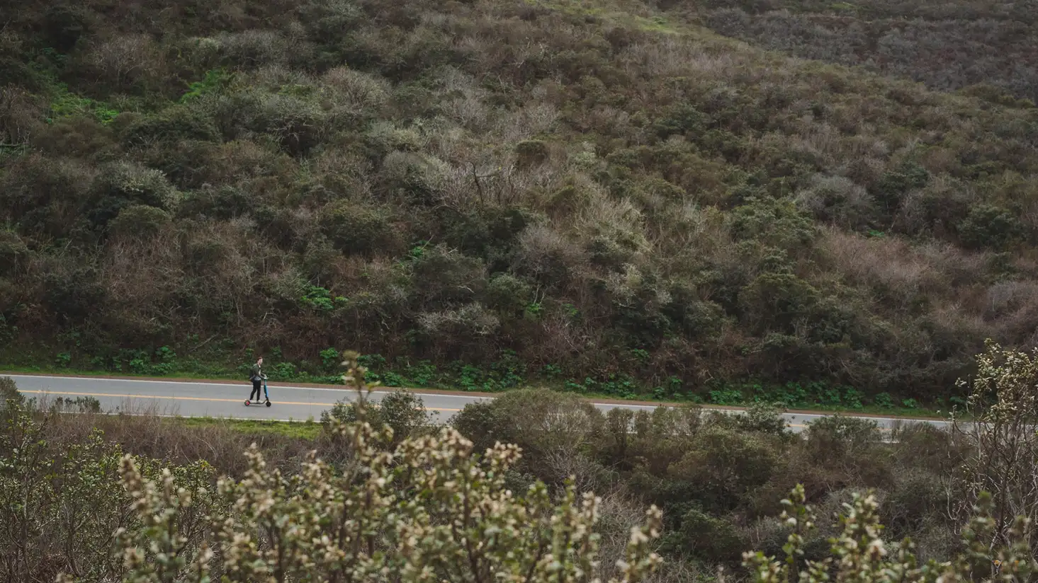 A wide shot of a man riding an electric scooter down a remote road in the Headlands.